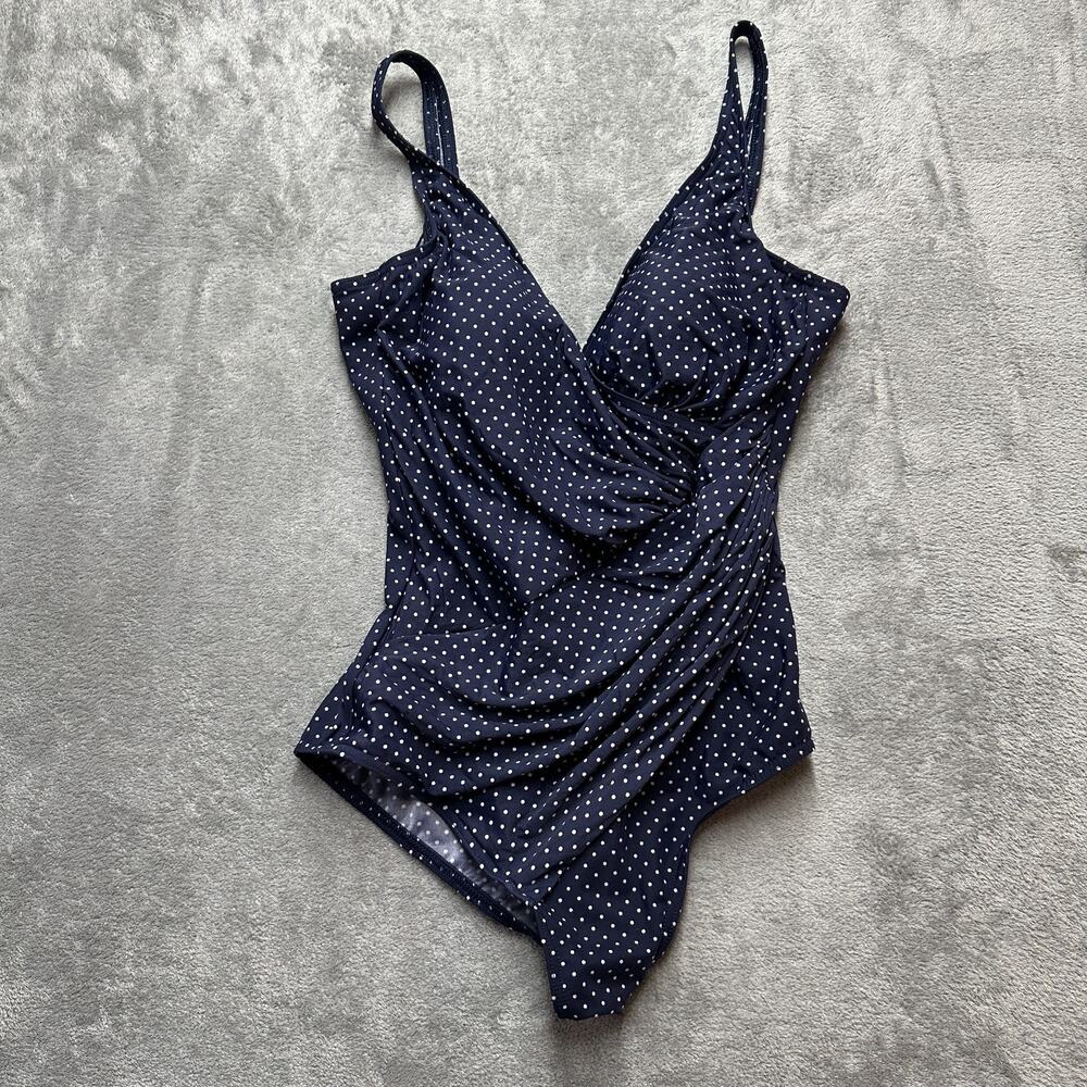 Miraclesuit Womens 16 Ruched One Piece Swimsuit Slimming Navy Blue Polk A Dot